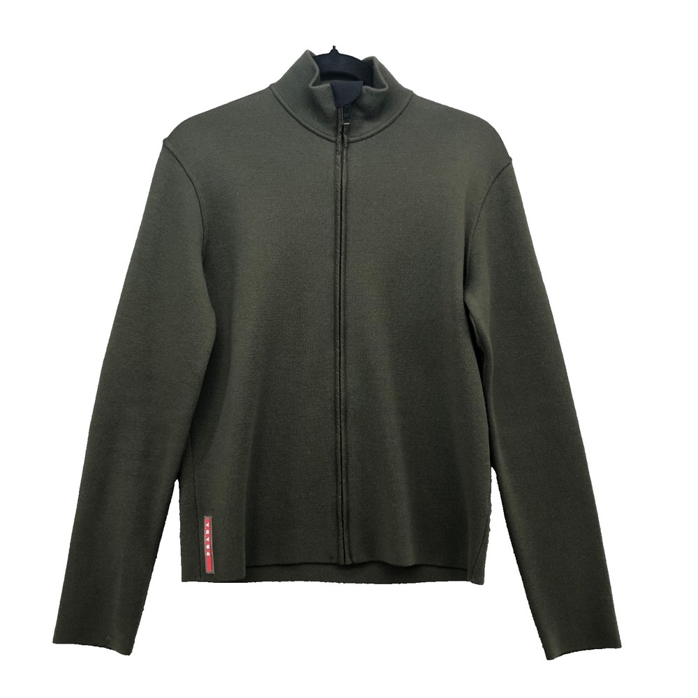 Prada Cardigan Sweater Jumper Mens 44 Small Green Full Zip Mock Neck Classic‎